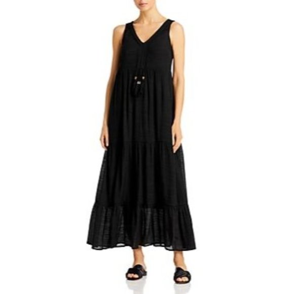 SINGLE THREAD Bohemian Tiered A-Line Sleeveless Midi Dress - NWT - Black - Large - Picture 1 of 5